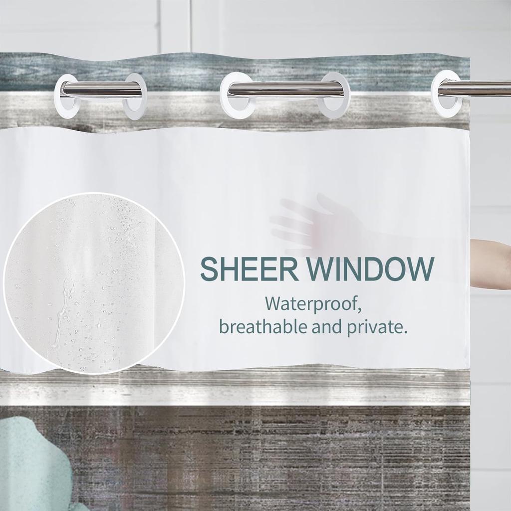DASHAN No Hook Shower Curtain with Snap In Liner, Rustic Floral Shower Curtains for Bathroom, Teal Flowers Bath Curtain Wood Country Farmhouse Fabric