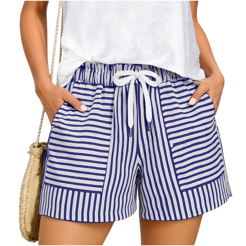 Women's Fashionable Relaxed-fit Striped Shorts With An Elasticated Waist Drawstring And Pockets