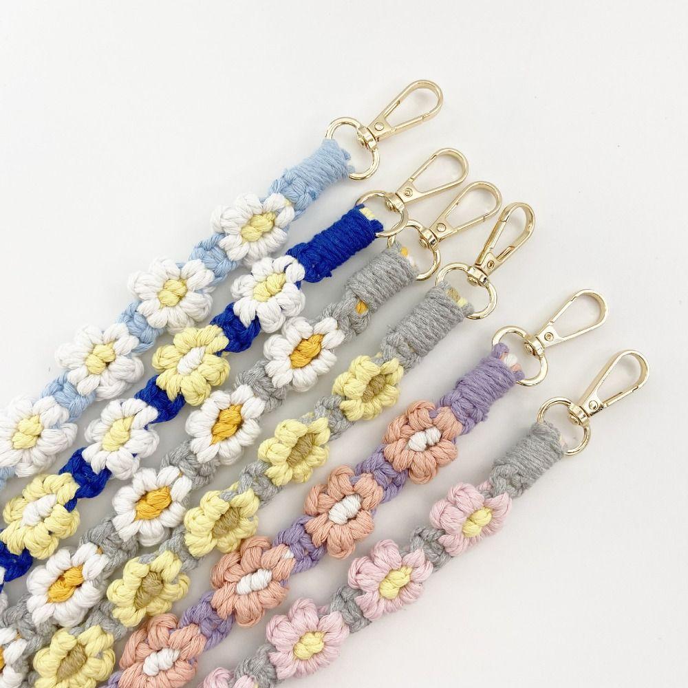 Cute Daisy Flower Macrame Keychain Handmade Bags Handle Chain Mobile Phone Charm for Women
