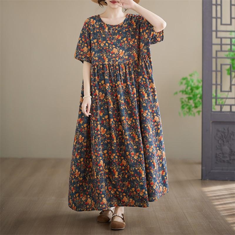Abito floreale vintage in cotone taglie forti a maniche corte novità per donna casual ampio maxi lungo estivo