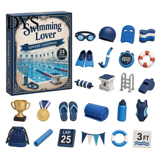 Schwimmthema Geschenke Liebhaber Adventskalender, Countdown-Kalender für Weihnachten 24 Tage, 2D Acryl Dekorative Box Zubehör Hängendes Ornament für A blue