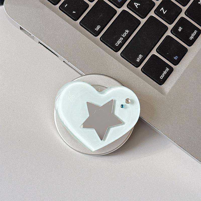 Heart-shaped Rhinestone Star Mirror Phone Holder with Magnetic Finger Ring