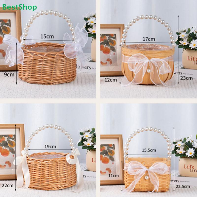 Woven Rattan Wedding Flower Girl Basket with Pearl Handle & Ribbon Bow,Handwoven Storage Basket for Wedding, Party & Home Decor