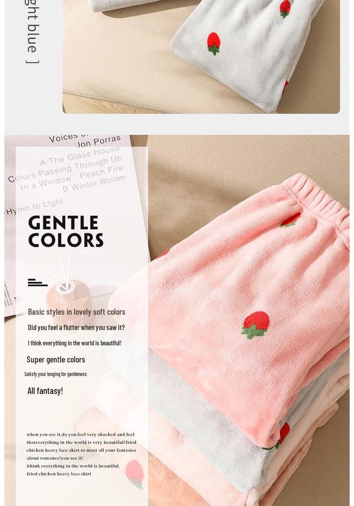 Women's Coral Fleece Strawberry Pajama Set - Cozy Warm Autumn/Winter Loungewear for Girls