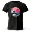 Estética Japonesa Onda Rosa Algodão Puro Manga Curta Masculina Casual Tendência Camiseta Top Solto