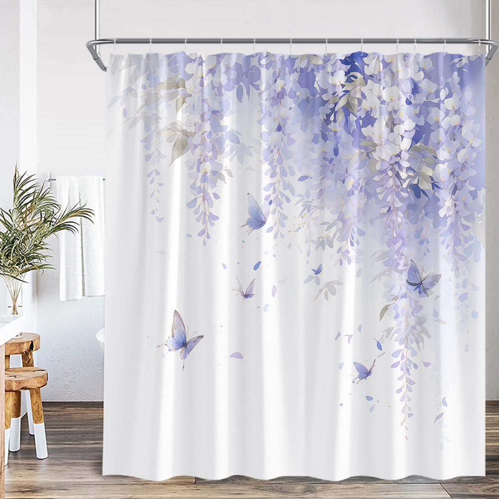 Butterfly Shower Curtains Multicolored Flowers Pastoral Floral Bathroom Decorations Rustic Polyester Bath Curtains with Hooks