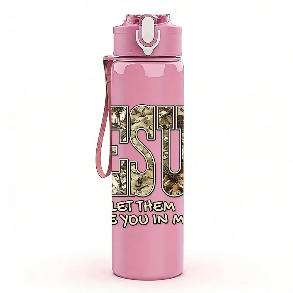1PC JESUS Worn Retro Letter Badge Print 750ml Color Plastic Sports Water Bottle Leakproof Flip Straw Lid Suitable for Sports Office Home Use