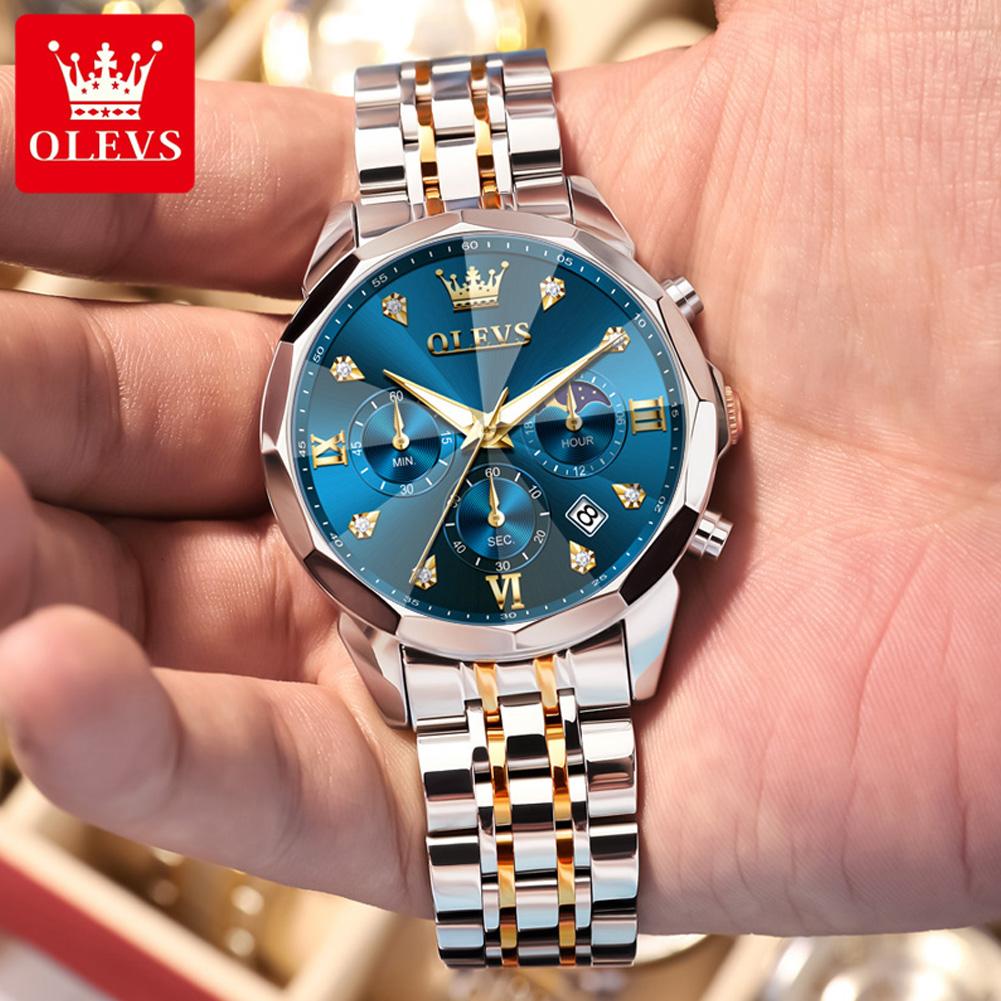 OLEVS Men Watch Fashionable Original Moon Phase Quartz Watch Waterproof Luminous Automatic Date Stainless Watch Gifts
