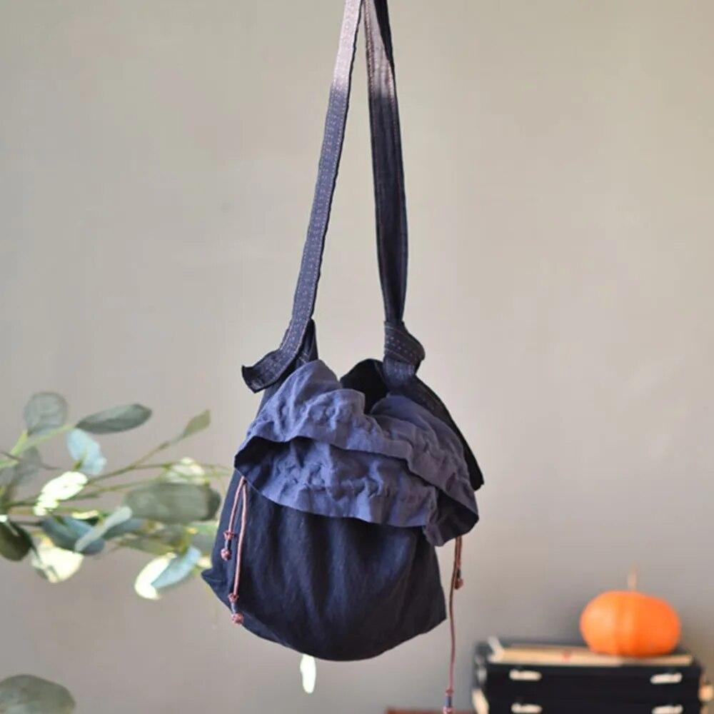 Johnature Two-color Drawstring Buckle Large Literary Handmade Embroidery Thread Cross-shoulder Casual Hand-made Women Buckets