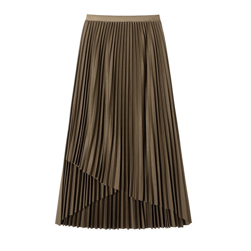 Retro Maillard Midi Skirt: High-Low A-Line Pleated Design for Women, Autumn Collection