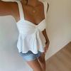 Summer Knitted Fabric Drawstring Wide Shoulder Strap Vest Top Women's Top Trendy White Eyelet Embroidery Camisole Top