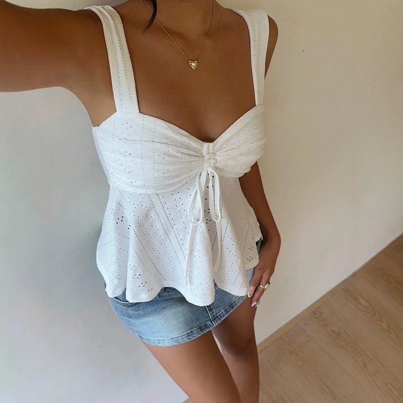 Summer Knitted Fabric Drawstring Wide Shoulder Strap Vest Top Women's Top Trendy White Eyelet Embroidery Camisole Top