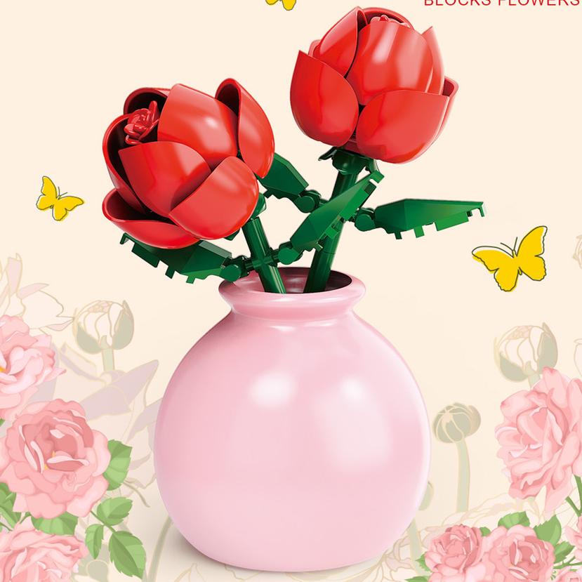DIY MOC Flowers Bouquet Rose Sunflower Succulents Bonsai Vase Gardens Romantic Building Blocks Model Bricks Kids Sets Kits Toys