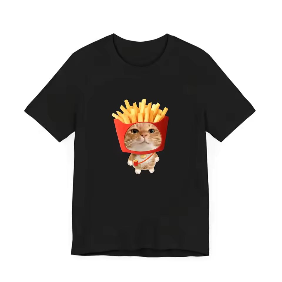 Cute Fries Bucket Orange Cat Graphic Tee Funny Food Pet Print Short Sleeve O-Neck Loose Casual Summer Streetwear Women Tee