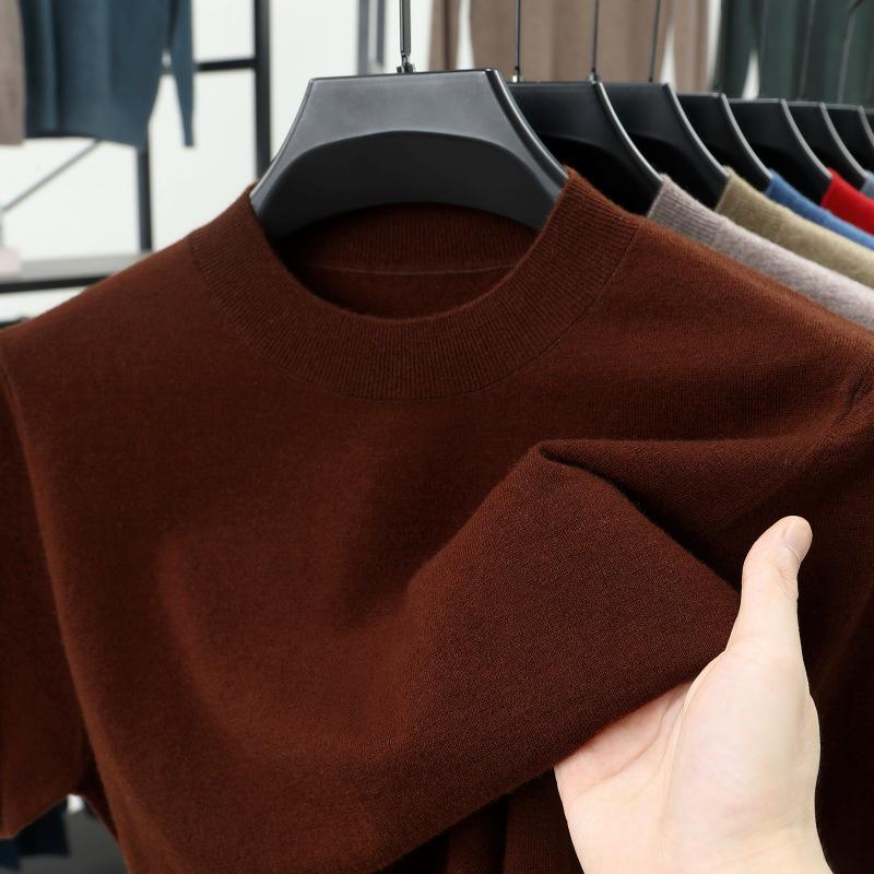 Men's 100% Wool Round Neck Sweater - Solid Color, Long Sleeve, High-End Casual Base Layer for Autumn/Winter