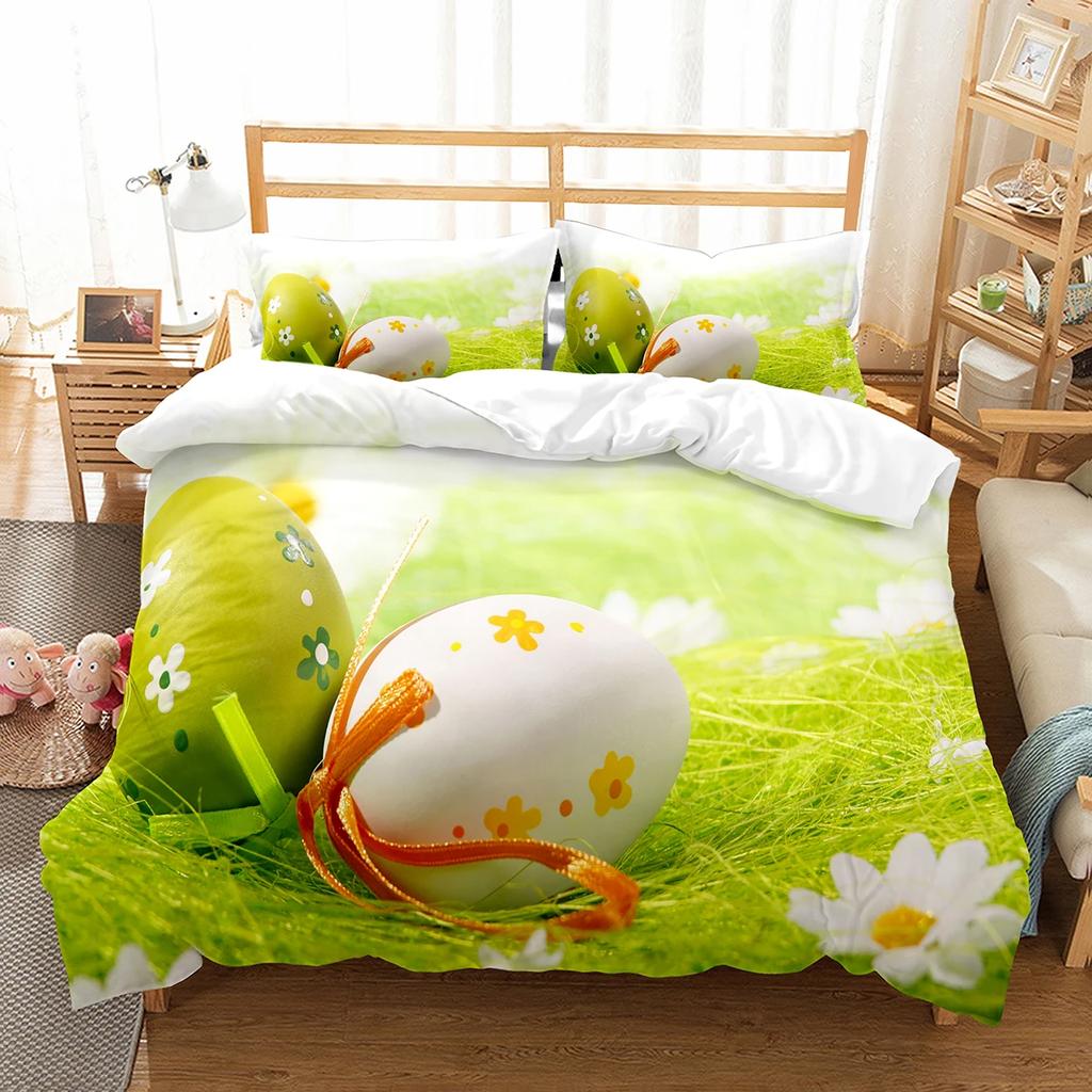 Happy Easter Duvet Eggs Rabbit Pattern Polyester Comforter Cover Festival Gifts for Kids Boys Girls Bedding Set with Pillowcase
