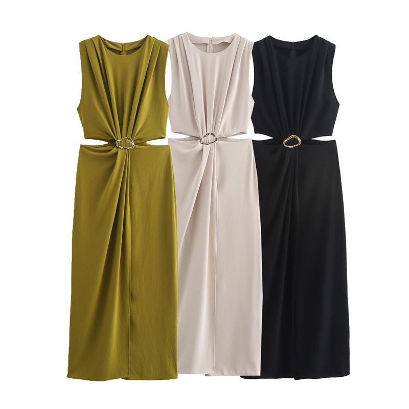 

Women s Sleeveless Hollow Out Dresses with Metal Ring Detail - Olive/Beige/Black Mid-Length Flowy Dress XS оливковий
