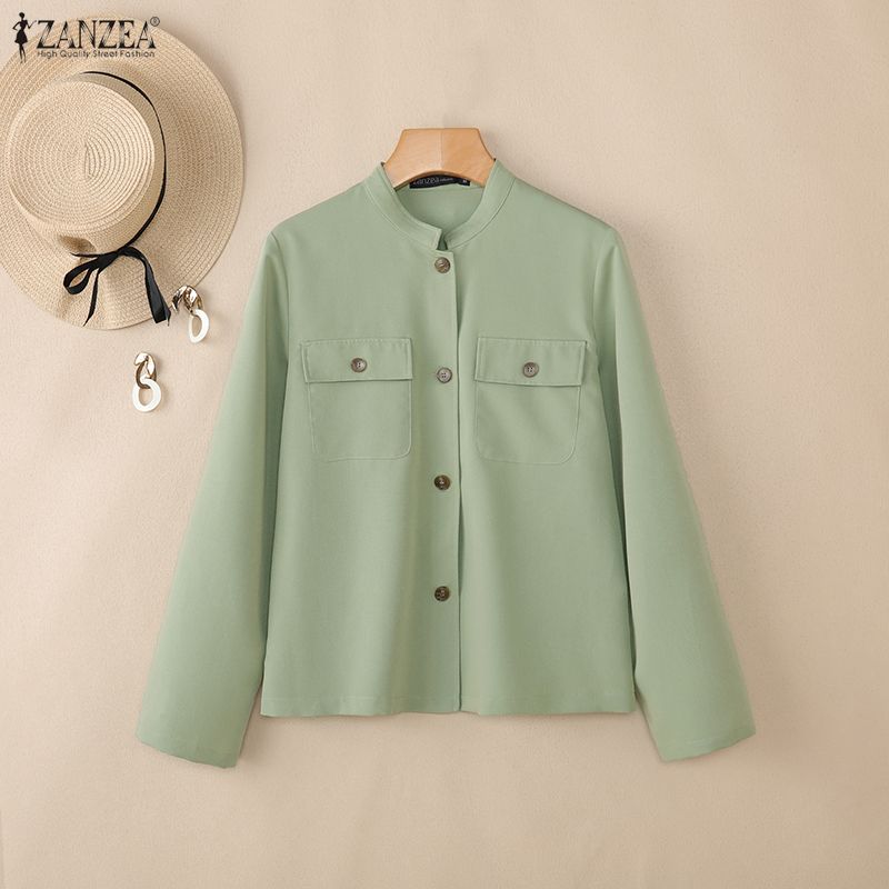 ZANZEA Camicetta casual da donna con colletto alto e maniche lunghe larghe