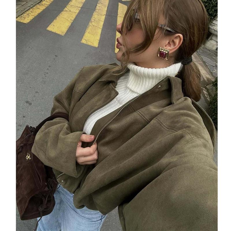 Suede Bomber Jackets Outerwears Oversized Woman Streetwear Zip Women's Coats Padded Varsity Jackets