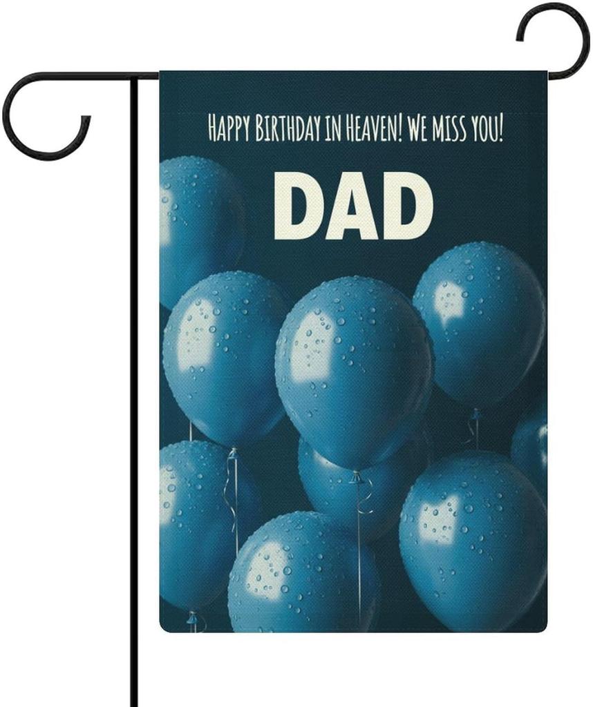 Blue Balloons And Happy Birthday Dad Message In Heaven 12x18 Inch Linen Garden Ag, Durable Outdoor Decorative Banner for Y