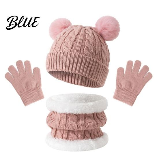 Soft Comfortable Winter Headwear Kids Warm Knit Set Bear Ear Hat Fleece Lined Neck Gaiter & Thermal Accessories Full Finger Gloves Thick