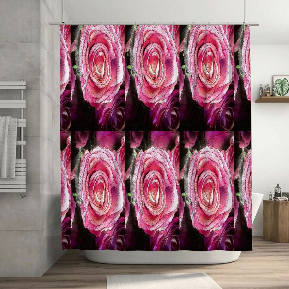 Luxurious Pink Rose Bath Shower Curtain Set 3D Printed Floral Decor for Bathroom, Waterproof Fabric Perfect Gift (Set of 6 Panel