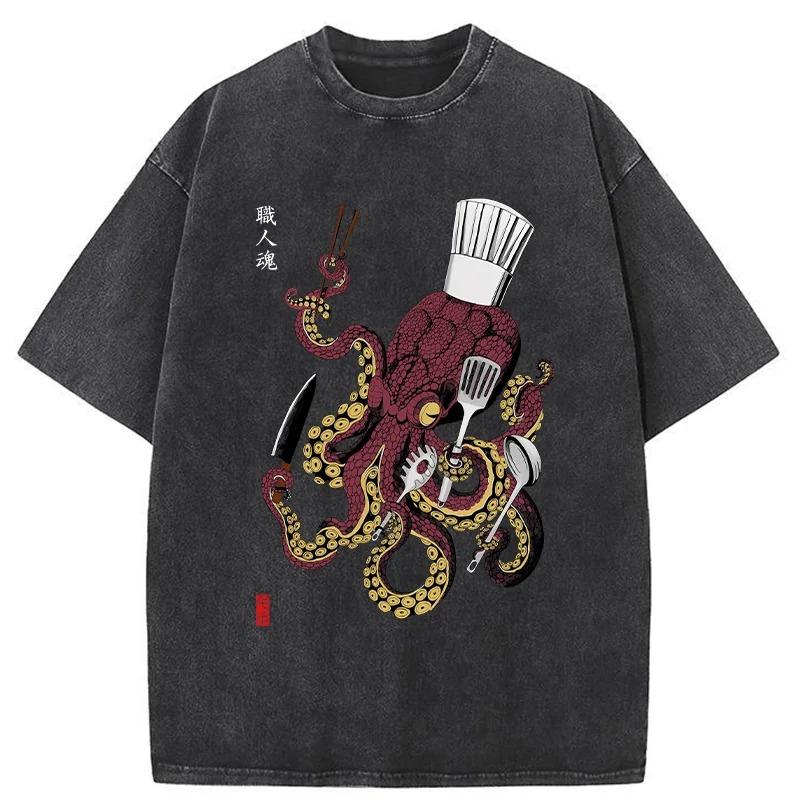 Japanese Style Octopus Chef Washed T-Shirt Summer Short Sleeve O-Neck Tees Casual Loose Holiday Oversized Chic Tunics