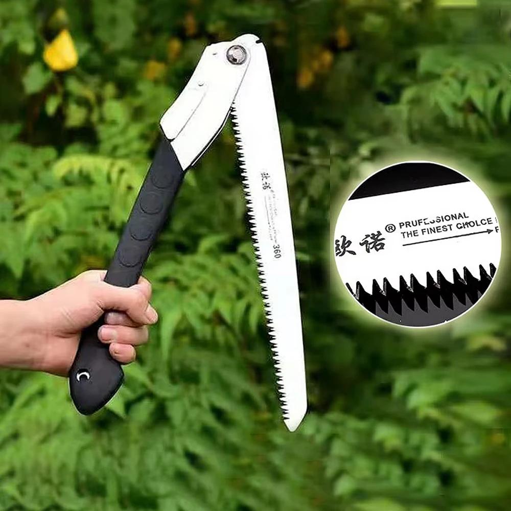 Folding 16-Inch Manganese Steel Saw with 3-Sided Teeth and Safety Lock for Cutting Wood Branches Trimming Bamboo Pruning