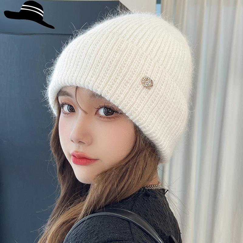 Women’s Casual Solid Color Rabbit Fur Hat with Decorative Buckle and Ear Protection Knitted Hats