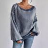 Color Block One-shoulder Striped Lantern Sleeve Sweater - Women's Versatile Loose Knitted Top, European & American Style.