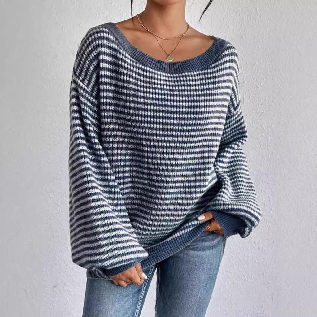 Color Block One-shoulder Striped Lantern Sleeve Sweater - Women's Versatile Loose Knitted Top, European & American Style.