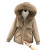 Big fur collar hooded pie overcomes women's autumn and winter drawstring waist pocket thermal cotton clothes