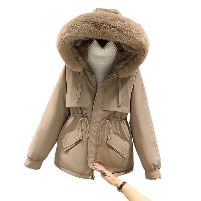 Big fur collar hooded pie overcomes women's autumn and winter drawstring waist pocket thermal cotton clothes