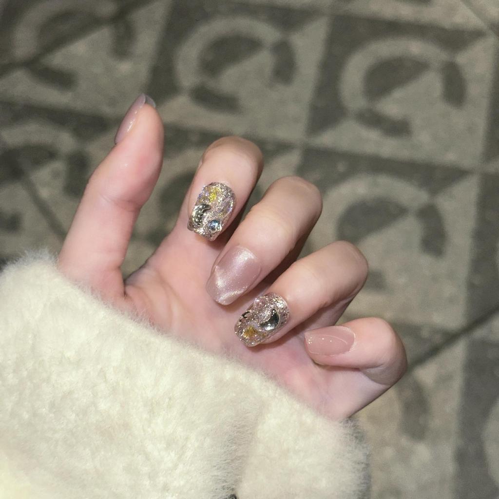 Handmade Water Ripple Cat Eye Press-On Nails with Rhinestones