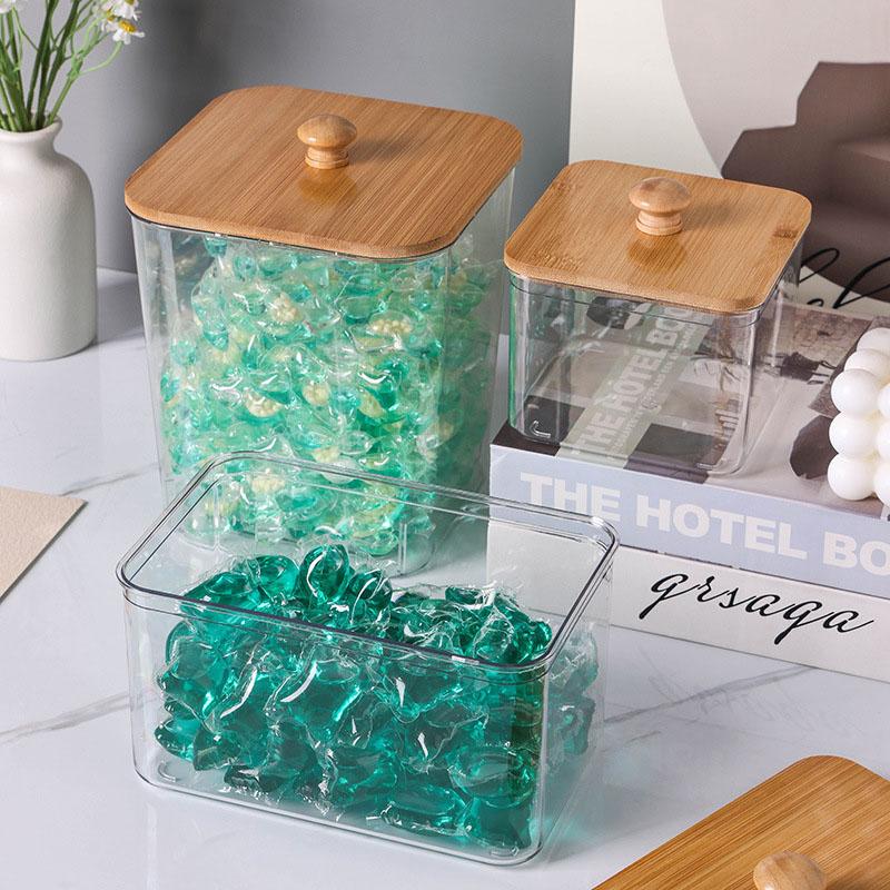 Laundry Powder Storage Box with Bamboo Lid, Cotton Swab Holder for Living Room Coffee Table Organization, Desktop Decorative Box