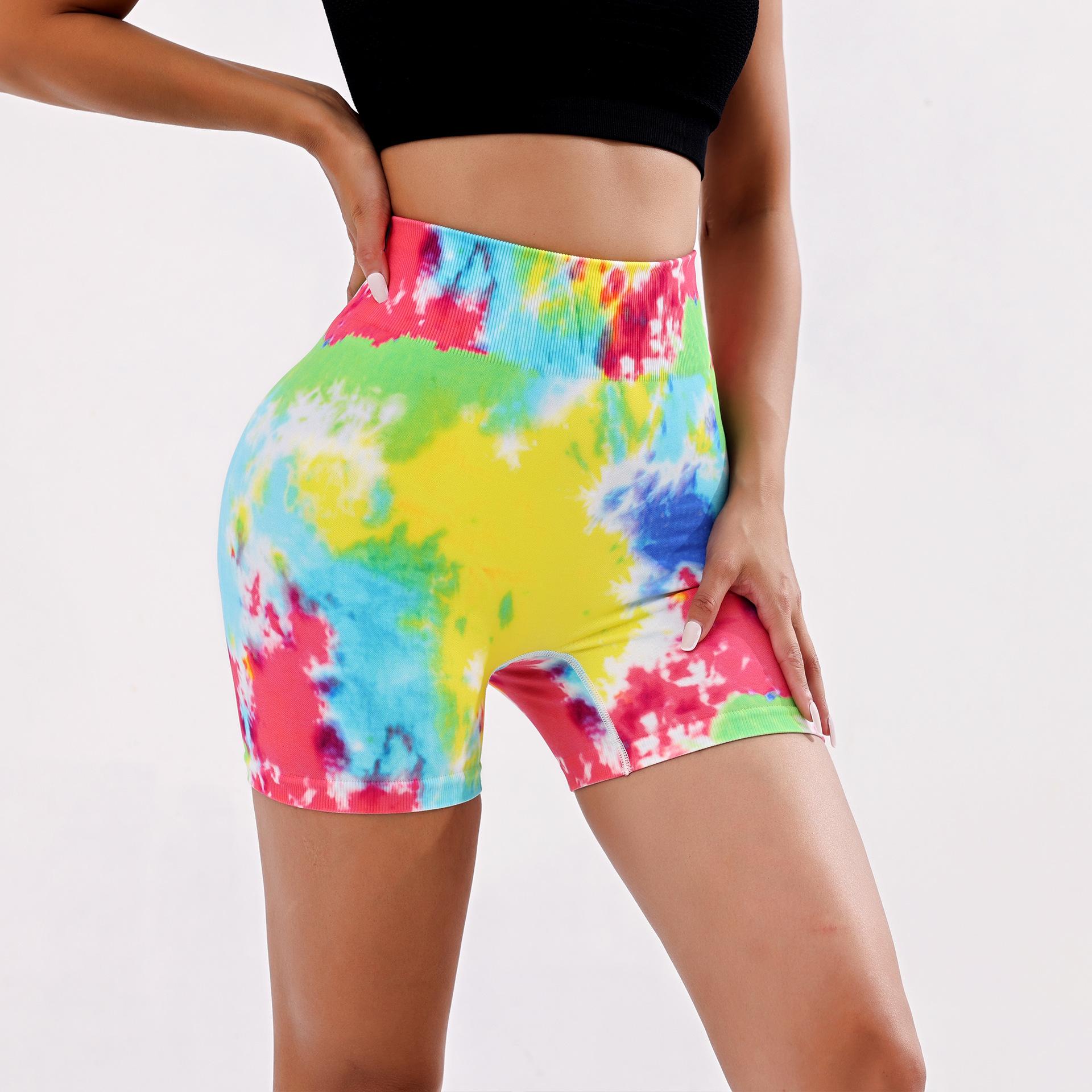 

Sports shorts European and American 3D printed hip lift yoga shorts women s new red, yellow and blue quick-drying fitness high waist abdomen S