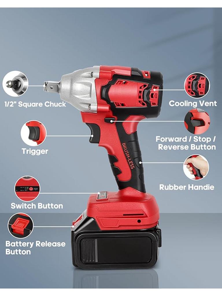 Cordless Impact Wrench 1/2 Inch Brushless High Torque Wrenches 210 Ft-Lbs Right Angle Detent Anvil Impact Drive Set Kit 2 Batter