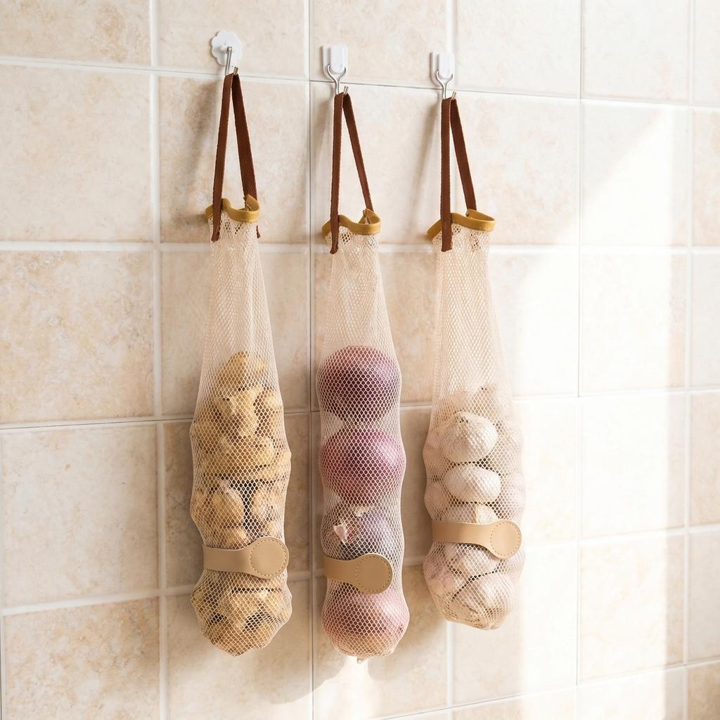 Hanging Mesh Vegetable Storage Bag with Portable Handle Kitchen Organizer for Fruits and Vegetables Hanging Storage Net Bag