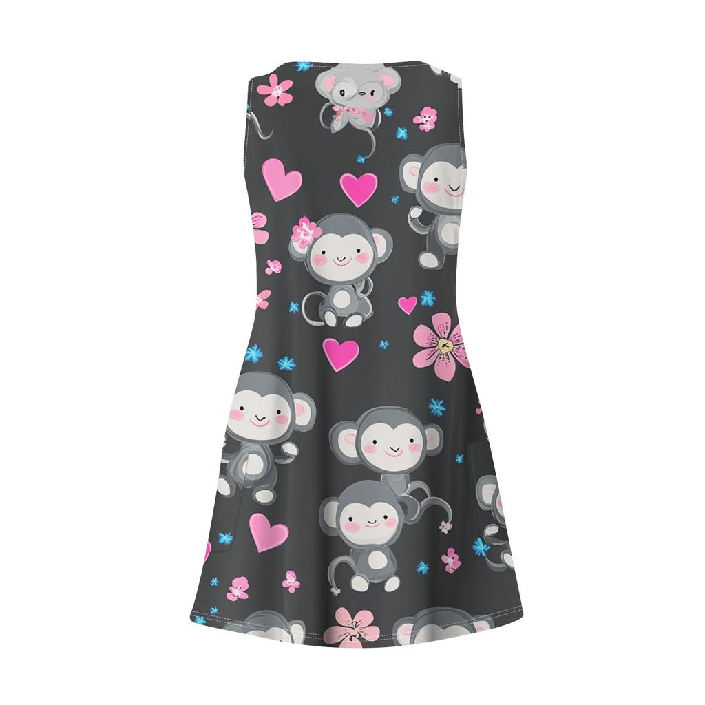 Damen Sommer Casual Locker Ärmellos Taschenkleid mit Blumendruck