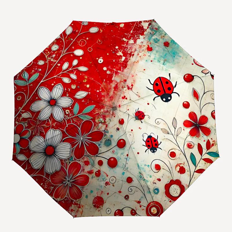 1pc Ladybugs Flowers Automatic Open/close Umbrella, 8-Rib sturdy structure, Auto Folding/Opening, Portable Travel Umbrella for Women c24