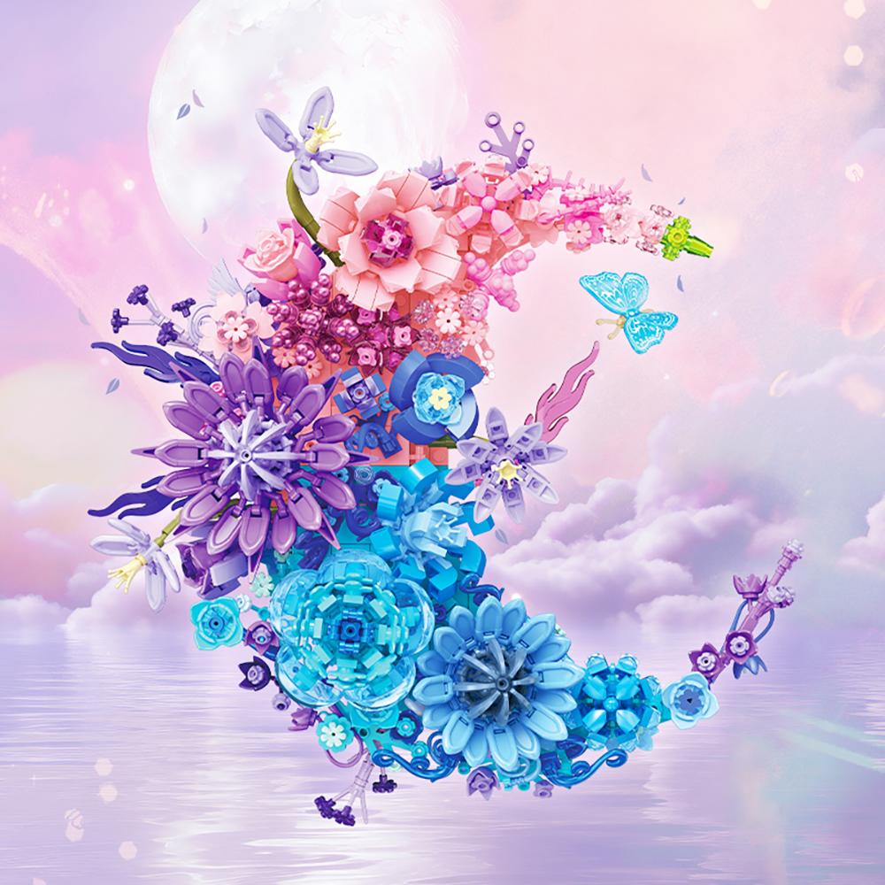 MOC Moon Flower Building Blocks Simulation Bouquet Wall Hanging Home Decoration Children's Educational Toy Valentine's Day Gift