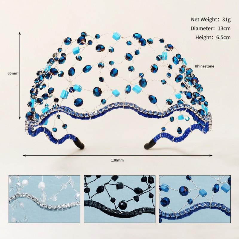 

Niche Blue Crystal Beads Mesh Headband Heavy Work Handmade Three-dimensional Crown Color All-matching Holiday Style Headwear