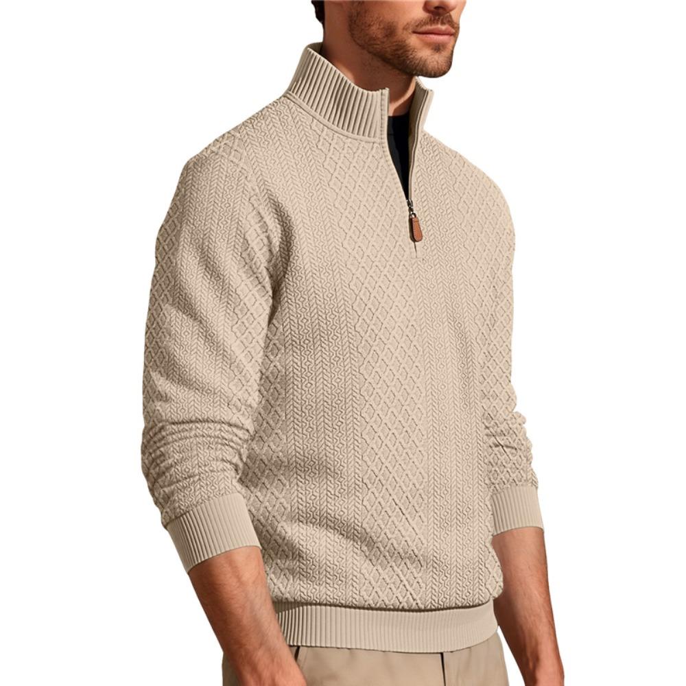 New American Fashion Men Sweatshirts Casual Loose Stand Collar Zip-up Long-sleeved Pullover Leisure Jacquard Solid Color Tops