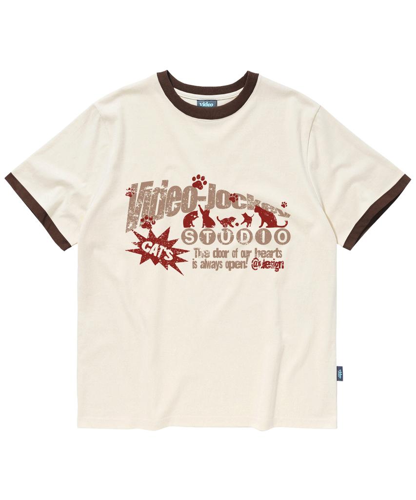 VIDEO JOCKEY Cats Gather Ringer T-Shirt [Cream]