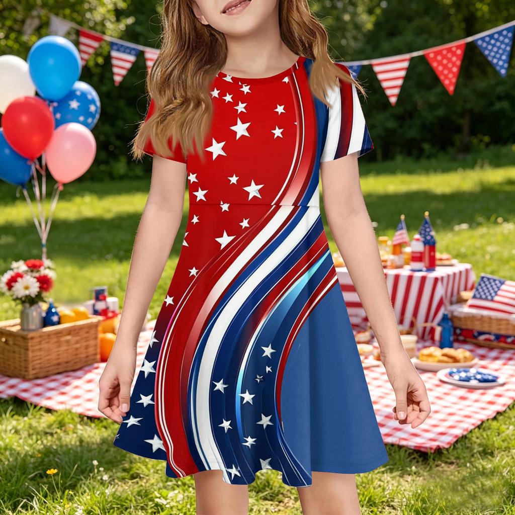 Girls Independence Day Printed Short Sleeve Dress with Pocket Casual Summer Toddler Skater Dress for Kids