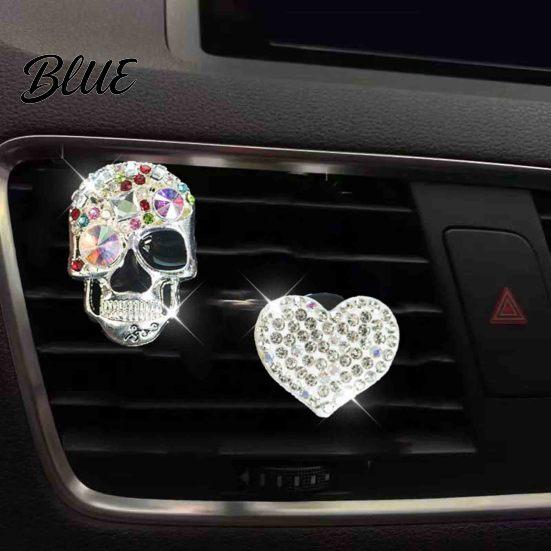 Totenkopf Herz Auto Dekoration 2 Stück Bling Lüftungsschlitz Clips Strass Glänzend Duft Diffusor Armaturenbrett Zierleiste Clip Lustiger Kopf Auto Innenraum Ornament Halloween