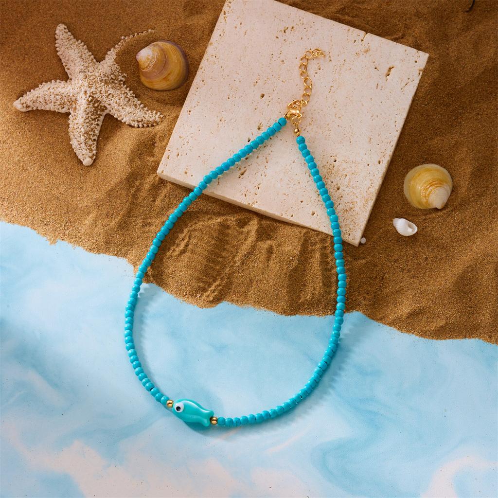 Gmai Ceramic Fish Pendant Necklace for Women Multicolor Rice Beads with Turquoise Accents Delicate Fish Jewelry for Everyday Vacation