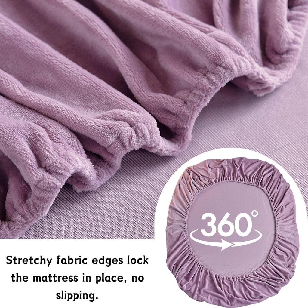 Samt Spannbettlaken Einzelbettgröße, Fleece Plüsch Bettlaken Matratzenschonerbezug mit 15'' Tiefes Eckteil Warm Flauschiges Unterbett Lavendel