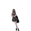 Women's Retro Plaid Halter Dress - Black & White Sleeveless V-Neck Pleated A-Line Mini Skirt