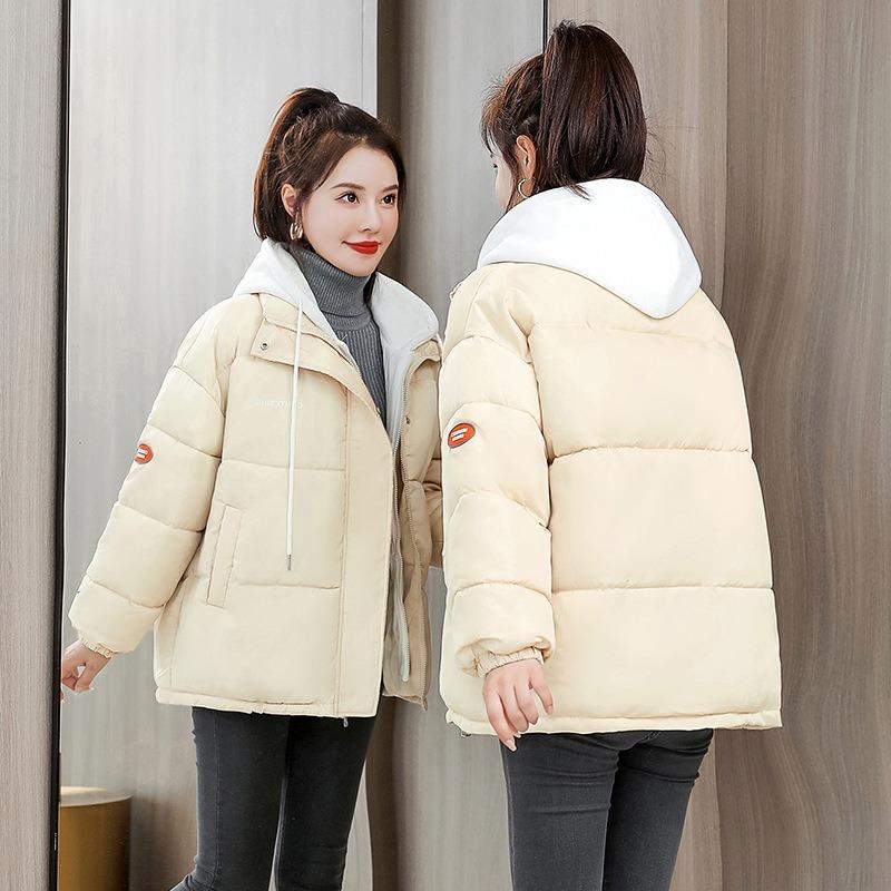 Short cotton-padded women's 2 new cotton-padded winter large size loose thickened fake two-piece knitted hat down cotton bread jacket